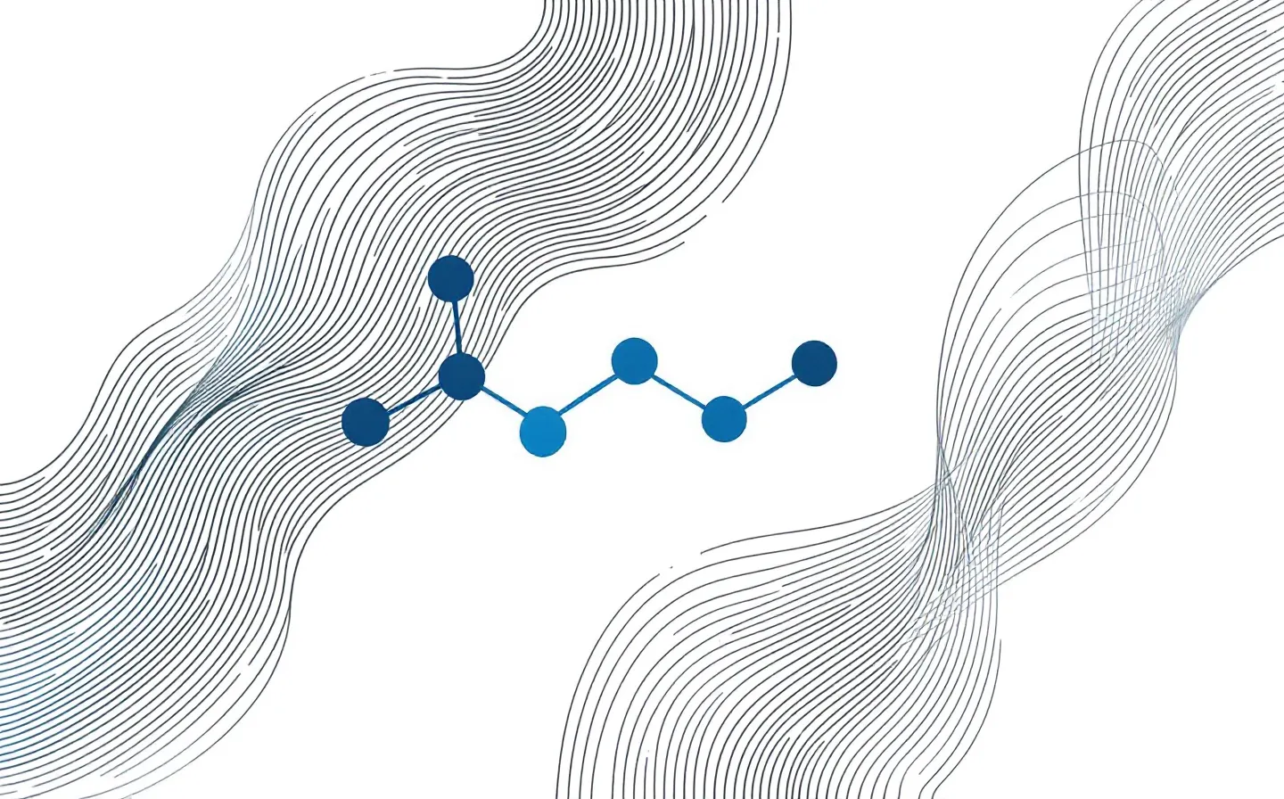 Abstract five-node peptide chain in fine black line-work with one blue node